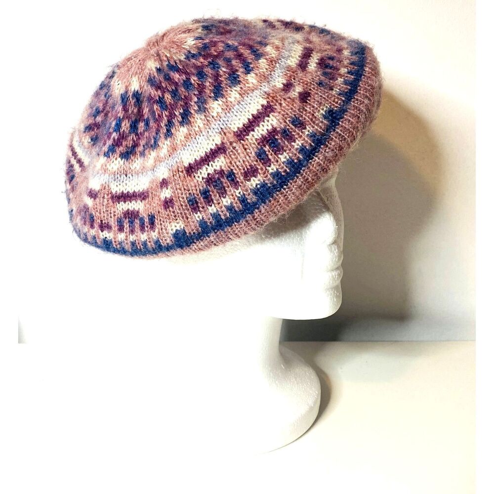 VTG Aris Purple Pink Multicolor Knit Pastel Cozy Soft Girl Aesthetic Beret Hat